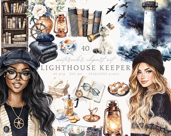 Watercolor Lighthouse Keeper Clipart, Nautical PNG Bundle (Digital Download)