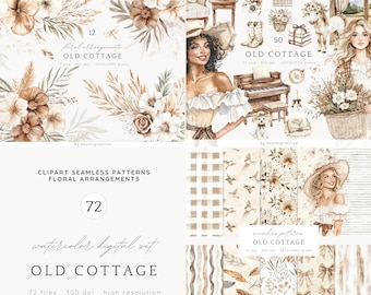 Watercolor Old Cottage Clipart, Cottagecore Clip Art, Rustic ClipArt, Planner Stickers, Vintage PNG, Digital Download, Commercial Use