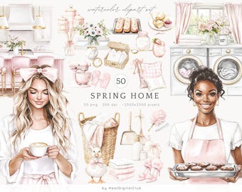 Watercolor Spring Home Clipart, Cozy Spring Clip Art, Floral graphics, Cute Spring, flowers, seasonal, watercolor girl, digital stickers