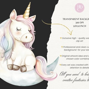 K&ouml;nnte beinhalten: Eine Aquarell-Illustration eines wei&szlig;en Einhorns mit einer Regenbogenm&auml;hne und einem Regenbogen-Schwanz, das auf einem Halbmond sitzt. Das Einhorn hat geschlossene Augen und ein goldenes Horn. Der Hintergrund ist schwarz.