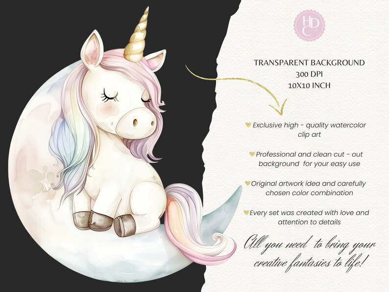 K&ouml;nnte beinhalten: Eine Aquarell-Illustration eines wei&szlig;en Einhorns mit einer Regenbogenm&auml;hne und einem Regenbogen-Schwanz, das auf einem Halbmond sitzt. Das Einhorn hat geschlossene Augen und ein goldenes Horn. Der Hintergrund ist schwarz.