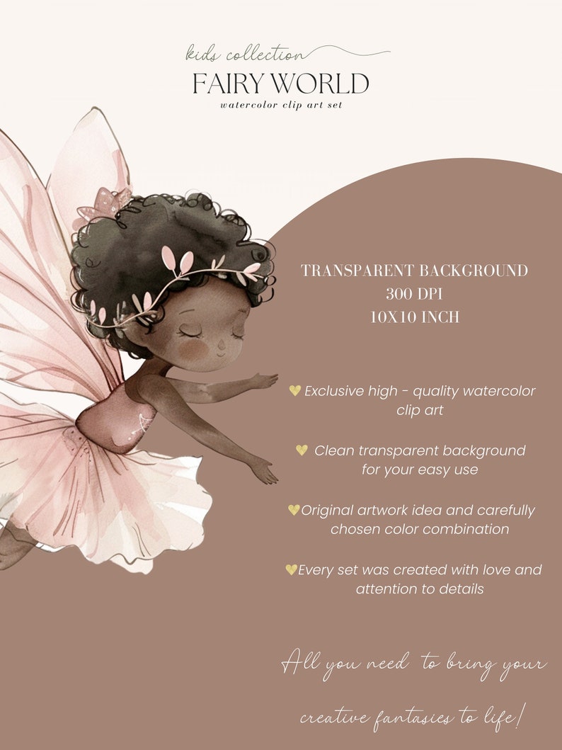 May include: A watercolor illustration of a Black fairy with pink wings and a pink tutu. The fairy has a floral crown and is flying with her arms outstretched. The background is transparent. The text "TRANSPARENT BACKGROUND 300 DPI 10X10 INCH" is in the upper right corner. The text "Exclusive high - quality watercolor clip art" is in the lower right corner. The text "Clean transparent background for your easy use" is in the lower right corner. The text "Original artwork idea and carefully chosen color combination" is in the lower right corner. The text "Every set was created with love and attention to details" is in the lower right corner. The text "All you need to bring your creative fantasies to life!" is in the lower right corner.