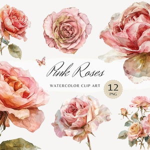 Watercolor Pink Roses Clipart, Rose Clip Art, floral graphics, spring roses flowers, watercolor flowers png, digital download, commercial