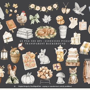 May include: A collection of watercolor illustrations featuring autumn-themed items. Includes a white cable-knit sweater, a brown leather tote bag, a stack of books, a sleeping dog, a teapot, a stack of sweaters, and a rack of clothing.