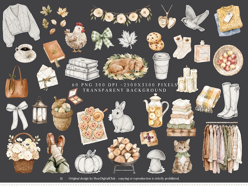 May include: A collection of watercolor illustrations featuring autumn-themed items. Includes a white cable-knit sweater, a brown leather tote bag, a stack of books, a sleeping dog, a teapot, a stack of sweaters, and a rack of clothing.