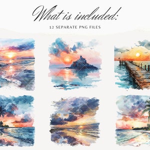 May include: A set of 12 watercolor illustrations featuring various sunset scenes over the ocean. The scenes include a beach with palm trees, a pier extending into the water, and a rocky island with a castle. The illustrations are painted in shades of blue, orange, and pink.