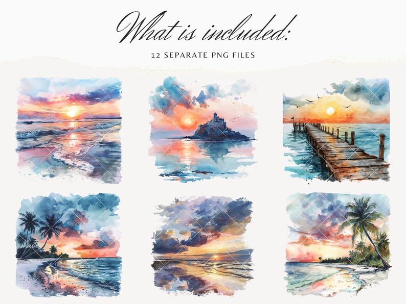 May include: A set of 12 watercolor illustrations featuring various sunset scenes over the ocean. The scenes include a beach with palm trees, a pier extending into the water, and a rocky island with a castle. The illustrations are painted in shades of blue, orange, and pink.