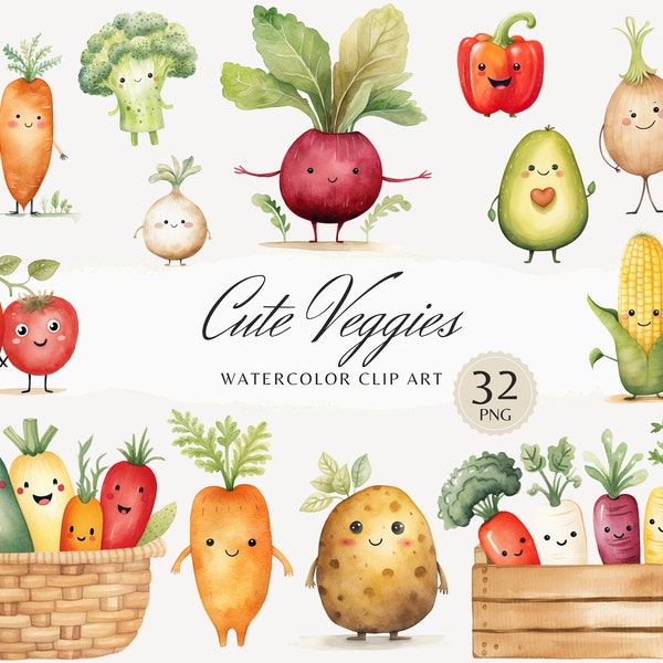 Watercolor Cute Veggies Clipart Bundle, Funny Vegetables Clip Art, Kids PNG, Children, Nursery, Digital Download Stickers, Commercial Use
