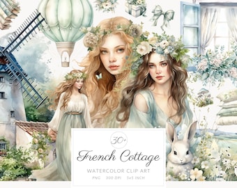 30 Clip Art di oggetti di vita in cottage francese ad acquerello, Clipart Cottagecore, vita in cottage, vita in fattoria, campagna, vita vintage, Clipart PNG