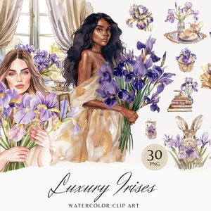 Watercolor Luxury Irises Clipart, Iris Clip Art, Floral graphics, Spring, Magical flowers, seasonal, watercolor girl, digital stickers