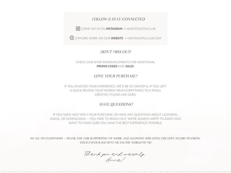 Pu&ograve; includere: Grafica color crema con testo che include "Segui e resta connesso", indirizzi Instagram e sito web e "Non perderti!". Il testo include anche "Ti piace il tuo acquisto?" e "Hai domande?"