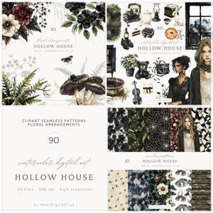 May include: A digital art set titled "Hollow House" featuring watercolor clip art, seamless patterns, and floral arrangements. The set includes 90 files with a high resolution of 300 dpi. The artwork showcases a dark, gothic aesthetic with flowers, mushrooms, and other elements.