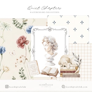 Op de afbeelding: Waterverzameling getiteld "Quiet Chapters" met bloempatronen, een buste, een slapende hond op boeken en een open boek met de tekst "Life is better with a good book". Het kleurenpalet omvat beige, blauw en rood.