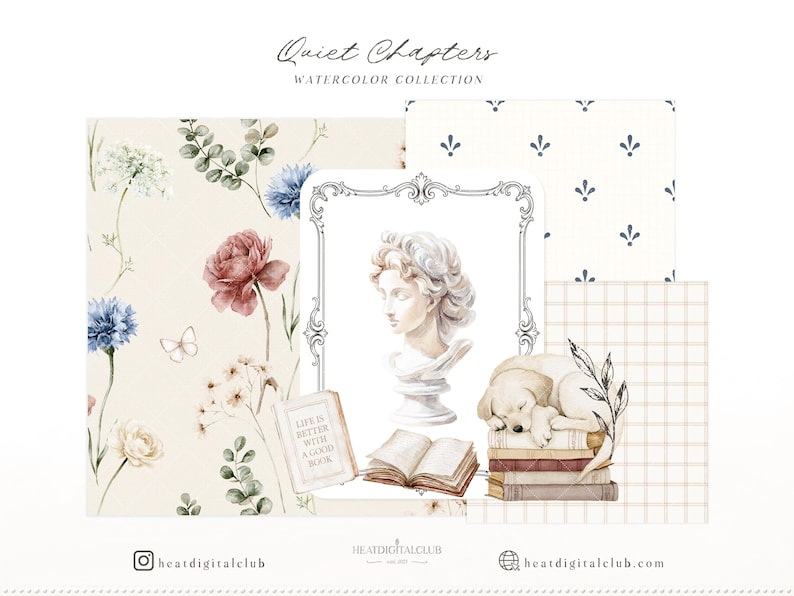 Op de afbeelding: Waterverzameling getiteld "Quiet Chapters" met bloempatronen, een buste, een slapende hond op boeken en een open boek met de tekst "Life is better with a good book". Het kleurenpalet omvat beige, blauw en rood.