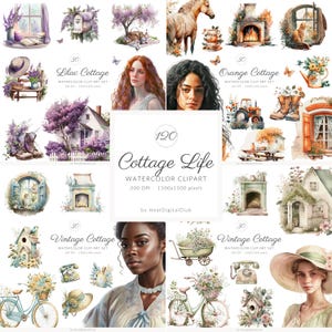 120 Watercolor Cottage Life Items Clip Art Bundle, Cottagecore Clipart , Cottage living, farm life, countryside, vintage living, Clipart PNG