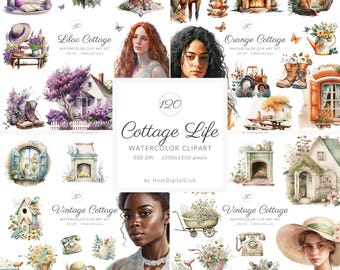 120 Clip Art Bundle di oggetti di vita in cottage ad acquerello, Clipart Cottagecore, vita in cottage, vita in fattoria, campagna, vita vintage, Clipart PNG
