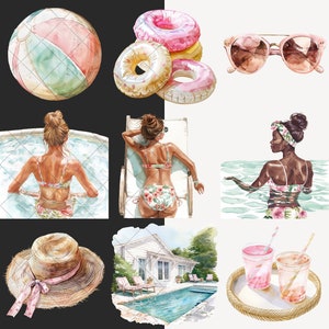 May include: A watercolor illustration of summer vacation items, including a beach ball, pool floats, sunglasses, a straw hat, a pool, and two women in swimsuits.