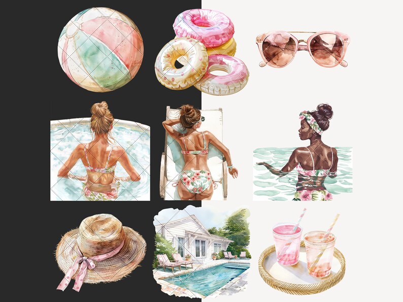 May include: A watercolor illustration of summer vacation items, including a beach ball, pool floats, sunglasses, a straw hat, a pool, and two women in swimsuits.