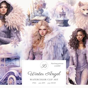 Paquete de imágenes prediseñadas de ángel de nieve de invierno en acuarela PNG, ilustraciones mágicas de cuentos de hadas de invierno, libro de cuentos real de fantasía celestial, descarga digital