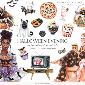 Imágenes prediseñadas de la noche de Halloween en acuarela, imágenes prediseñadas de la noche de pijama espeluznante y acogedora, paquete PNG de Halloween, uso comercial, pegatinas digitales