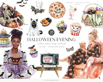 Puede incluir: Un conjunto de 38 ilustraciones de acuarela con temática de Halloween, que incluyen un esqueleto en una silla, un gato con un disfraz de fantasma, una pizza con una cara de calavera, una mujer en pijama viendo la televisión con las palabras "Horror Night" en la pantalla, un tazón de maíz dulce, un cubo de palomitas de maíz y una mujer en pijama sosteniendo un tazón de palomitas de maíz.