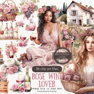 Aquarel Rose Wine Lover clipartbundel, romantische Cottagecore ClipArt PNG, aquarel druiven, wijnfles commercieel gebruik digitale download