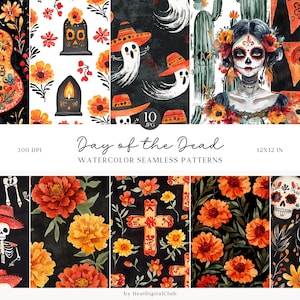 Aquarel dag van de dode naadloze patronen, Mexicaanse Halloween JPEG, Dia de Muertos, schedels, digitaal herhalend patroon, plakboekpapier