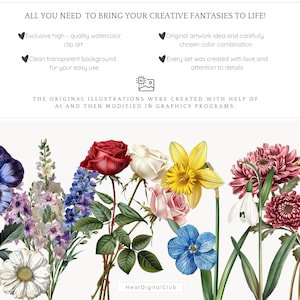 May include: A watercolour illustration of various flowers, such as a deep blue pansy, red rose, and yellow daffodil. The image includes text: "ALL YOU NEED TO BRING YOUR CREATIVE FANTASIES TO LIFE!"