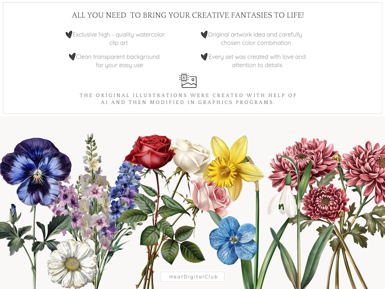 May include: A watercolour illustration of various flowers, such as a deep blue pansy, red rose, and yellow daffodil. The image includes text: "ALL YOU NEED TO BRING YOUR CREATIVE FANTASIES TO LIFE!"
