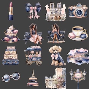May include: A collection of digital illustrations featuring Parisian themes. The illustrations include a woman sitting on a bench, a cup of coffee, a poodle, a suitcase, a Parisian street scene, a vintage camera, a bow, a dessert, a street lamp, and the Eiffel Tower.