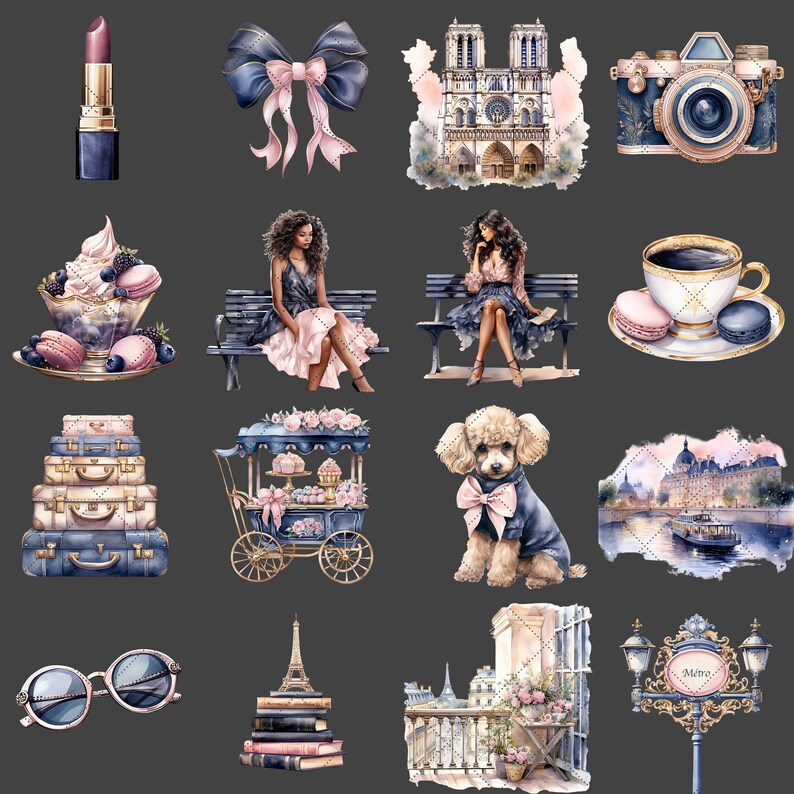 May include: A collection of digital illustrations featuring Parisian themes. The illustrations include a woman sitting on a bench, a cup of coffee, a poodle, a suitcase, a Parisian street scene, a vintage camera, a bow, a dessert, a street lamp, and the Eiffel Tower.