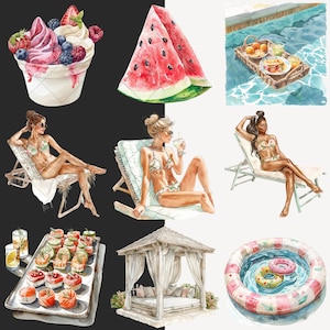 May include: Watercolor illustrations of summer vacation items, including a watermelon, a bowl of ice cream with berries, a pool float, a lounge chair, a gazebo, and a tray of appetizers.
