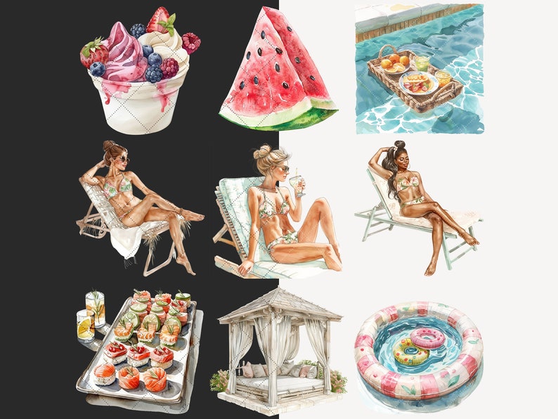 May include: Watercolor illustrations of summer vacation items, including a watermelon, a bowl of ice cream with berries, a pool float, a lounge chair, a gazebo, and a tray of appetizers.
