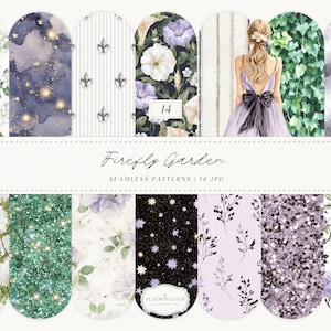 May include: A collection of seamless patterns with floral, glitter, and cloud designs. The patterns include watercolor illustrations of flowers, a woman in a dress, and a starry night sky. The text "Firefly Garden" and "Seamless Patterns / 14 JPG" is also visible.
