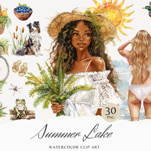 Aquarel Summer Lake Clipart, Zomerseizoen Clip Art, Gezellige Cottagecore graphics, bloemen seizoensgebonden vakantie mooi meisje digitale stickers