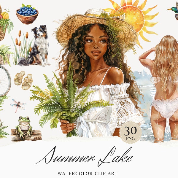Watercolor Summer Lake Clipart, Summer Season Clip Art, Cozy Cottagecore graphics, flowers seasonal vacation beautiful girl digital stickers