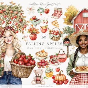 Clipart aquarelle de pommes qui tombent, automne PNG, illustrations de ferme automne confortable, grange rouge, filles, tarte, panier, citrouilles, cottagecore, numérique
