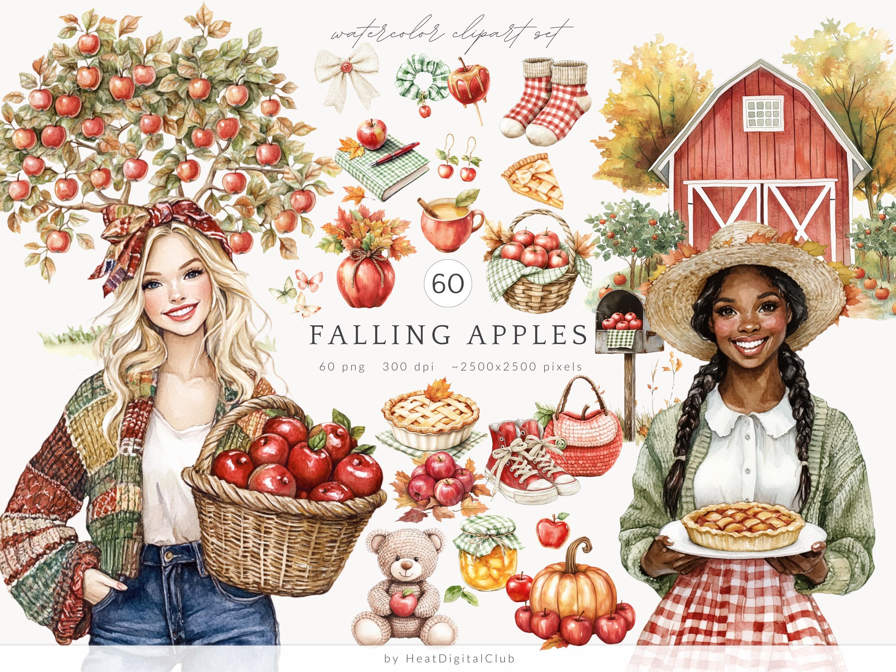 Aquarell fallende Äpfel Clipart, Herbst PNG, gemütliche Herbst Bauernhof Illustrationen, rote Scheune, Mädchen, Torte, Korb, Kürbisse, Cottagecore, Digital