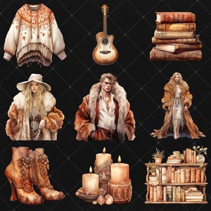 May include: A collection of vintage-inspired items, including a brown sweater with fringe, a brown acoustic guitar, a stack of old books, two figures wearing fur coats, a pair of brown boots, a set of candles, and a bookshelf filled with books.