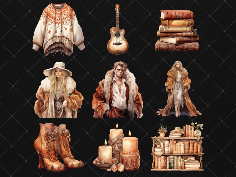 May include: A collection of vintage-inspired items, including a brown sweater with fringe, a brown acoustic guitar, a stack of old books, two figures wearing fur coats, a pair of brown boots, a set of candles, and a bookshelf filled with books.