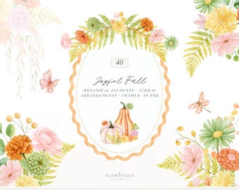 Joyful Fall Floral Arrangements Clipart, Pink Orange Autumn Flowers, Botanical Elements (Digital Download)
