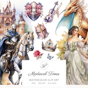 Aquarela Medieval Clipart Bundle PNG, Cavaleiros, Castelos, Princesa, Rei, Rainha, Dragão, Álbum de recortes, Junk Journal, Artesanato em papel Scrapbooking