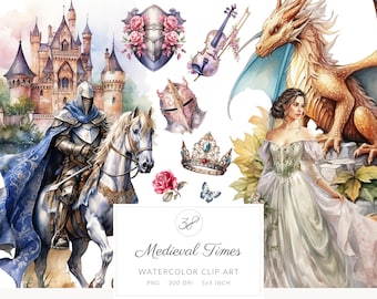 Pacchetto di clipart medievali ad acquerello, cavalieri e draghi (download digitale)