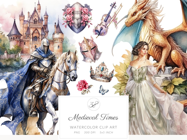 May include: Watercolor clip art set featuring a knight on horseback, a princess, a dragon, a castle, a crown, a shield, a violin, a rose, and a butterfly. The set is perfect for creating invitations, cards, and other crafts.
