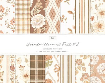 Watercolor Grandmillennial Fall 2 Seamless Patterns, Autumn Floral Tile, Stripes, Plaid (Digital Download)