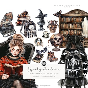 Watercolor Halloween Academia Clipart Bundle, Spooky Gothic PNG, Dark Academia, Bookshops, Bookcases, Commercial Use, Digital stickers