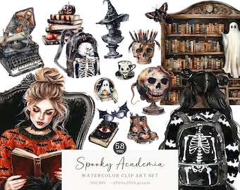 Watercolor Halloween Academia Clipart Bundle, Spooky Gothic PNG, Dark Academia, Bookshops, Bookcases, Commercial Use, Digital stickers