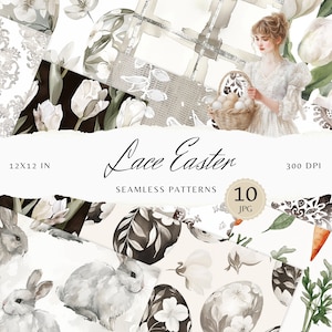Könnte beinhalten: Ein Set mit 10 digitalen nahtlosen Mustern mit einem Ostern-Thema aus Spitze. Die Muster enthalten Bilder von Hasen, Eiern, Tulpen und Spitzenmustern in Grautönen und Weiß. Die Muster sind 30,48 x 30,48 cm groß und haben 300 DPI.