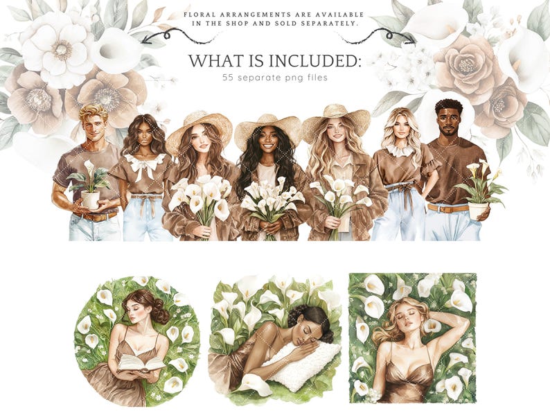 May include: A digital illustration of 55 watercolor-style images, including people, flowers, and plants. The text "WHAT IS INCLUDED: 55 separate png files" is at the top of the image.