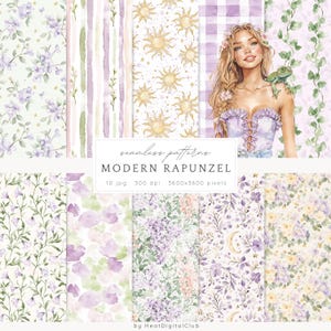Op de afbeelding: Een set van 10 digitale papierontwerpen met een aquarel-stijl met bloemmotieven, zon, maan, sterren en strepen. De papieren zijn 3600x3600 pixels en 300 dpi. De tekst "seamless patterns MODERN RAPUNZEL 10 jpg 300 dpi 3600x3600 pixels by HeatDigitalClub" is in de afbeelding opgenomen.